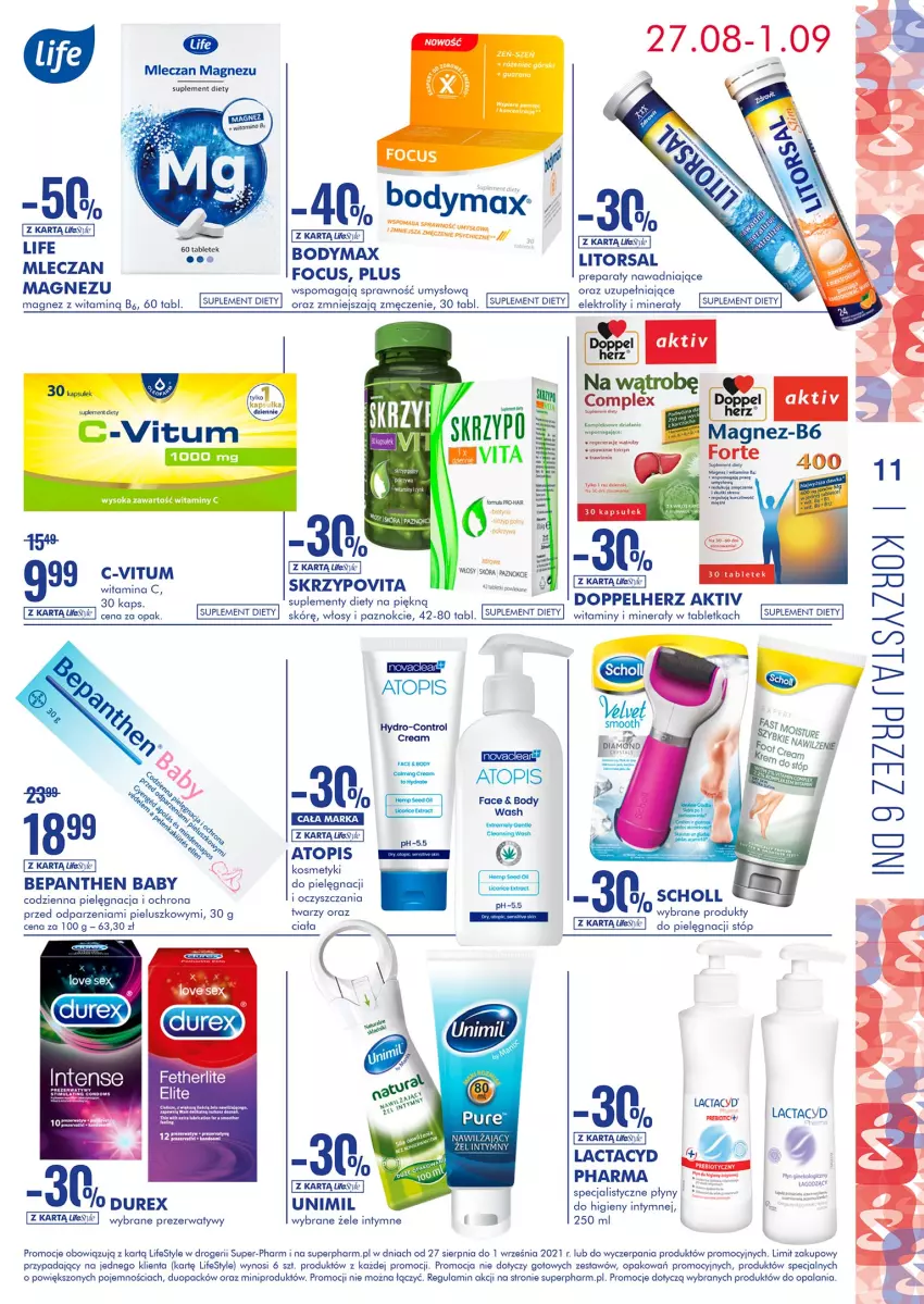 Gazetka promocyjna Super Pharm - Gazetka - ważna 27.08 do 01.09.2021 - strona 11 - produkty: Bepanthen, Body, Bodymax, Control, Doppelherz, Durex, Fa, Lactacyd, Magnez, Prezerwatyw, Scholl, Suplement diety, Tablet, Top, Unimil