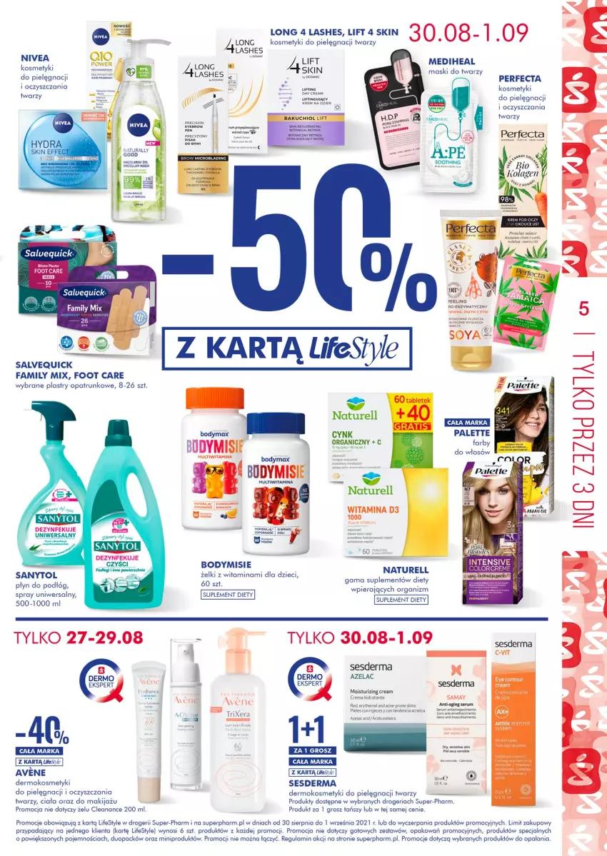 Gazetka promocyjna Super Pharm - Gazetka - ważna 27.08 do 01.09.2021 - strona 5 - produkty: Acer, Body, Bodymax, Cynk, Dzieci, Fa, Gin, Kosmetyki do pielęgnacji, Long 4 Lashes, Makijaż, Naturell, Nivea, Palette, Peeling, Perfecta, Plastry opatrunkowe, Rum, Sanytol, Sesderma, Suplement diety