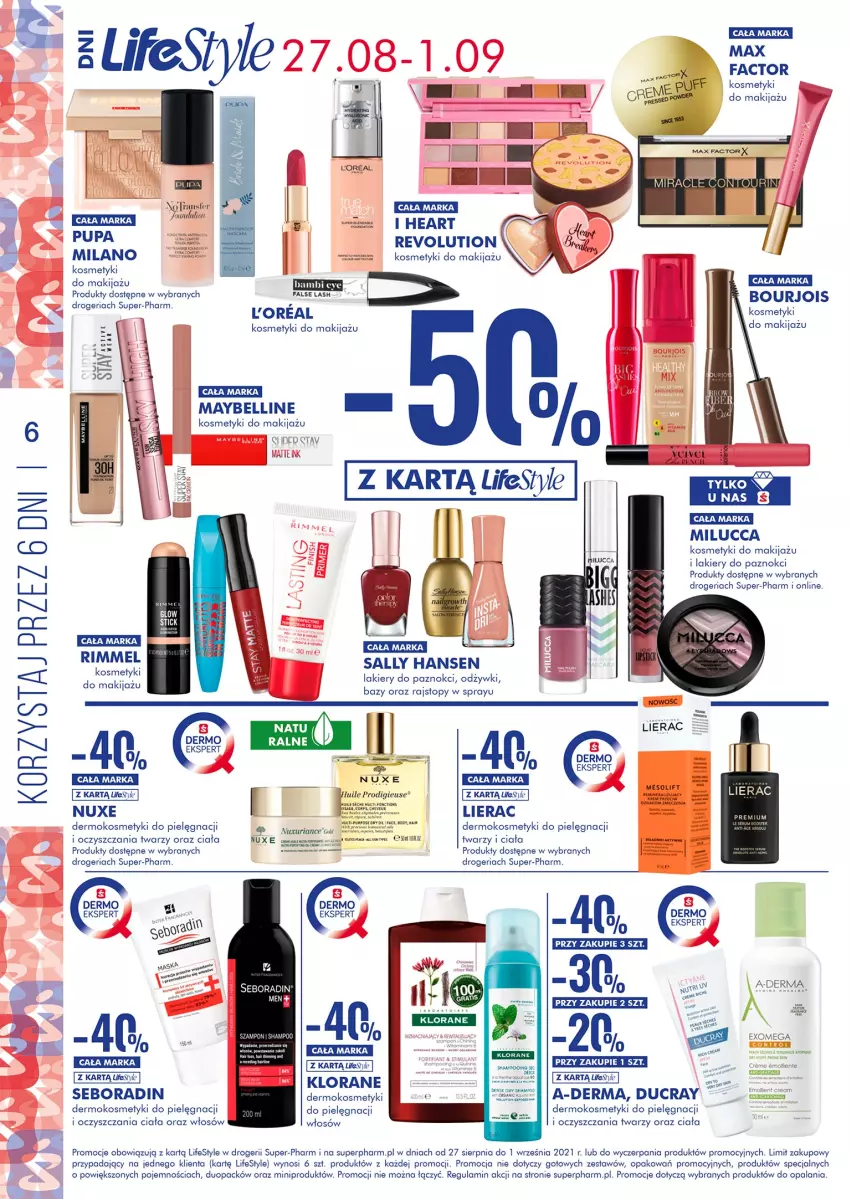 Gazetka promocyjna Super Pharm - Gazetka - ważna 27.08 do 01.09.2021 - strona 6 - produkty: A-derma, Bell, Bourjois, Ducray, Fa, Gra, Klorane, Kosmetyki do pielęgnacji, Lakier, Lierac, Lion, Makijaż, Max Factor, Maybelline, Nuxe, Por, Puf, Pupa, Rajstopy, Sally Hansen, Seboradin, Szampon, Top