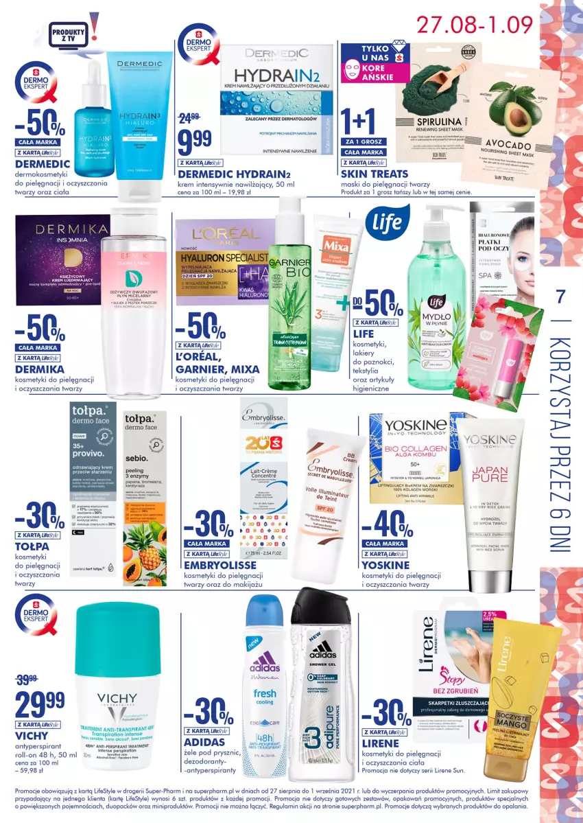 Gazetka promocyjna Super Pharm - Gazetka - ważna 27.08 do 01.09.2021 - strona 7 - produkty: Adidas, Antyperspirant, Dermedic, Dezodorant, Embryolisse, Fa, Garnier, Gra, Karp, Kosmetyki do pielęgnacji, Lakier, LG, Lirene, Makijaż, Mars, Mixa, Orka, Płyn micelarny, Por, Ser, Skarpetki, Stek, Tołpa, Tran, Vichy, Yoskine