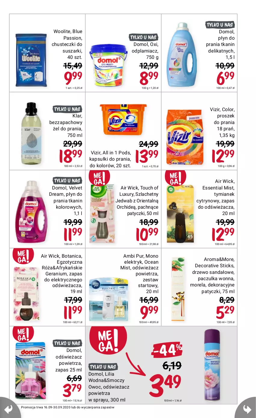 Gazetka promocyjna Rossmann - 16 Września - ważna 16.07 do 30.09.2021 - strona 11 - produkty: Air Wick, Ambi Pur, Chusteczki, Domol, Odplamiacz, Proszek do prania, Pur, Suszarki, Velvet, Vizir, Woolite