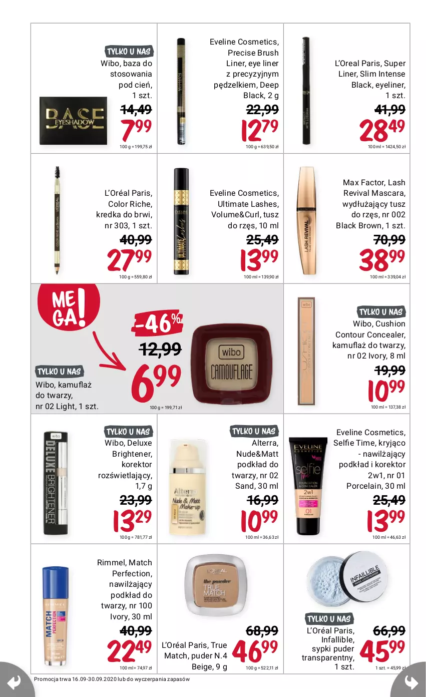 Gazetka promocyjna Rossmann - 16 Września - ważna 16.07 do 30.09.2021 - strona 6 - produkty: Alterra, Eveline, Fa, Kredka, Kredka do brwi, L’Oréal, Lack, Max Factor, Por, Puder, Tran, Tusz, Wibo