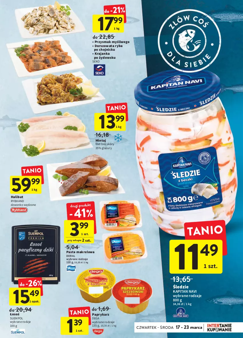 Gazetka promocyjna Intermarche - Spożywcza - ważna 17.03 do 23.03.2022 - strona 17 - produkty: Dega, Dorsz, Halibut, Lazur, Mintaj, Papryka, Paprykarz, Ryba, SEKO, Suempol