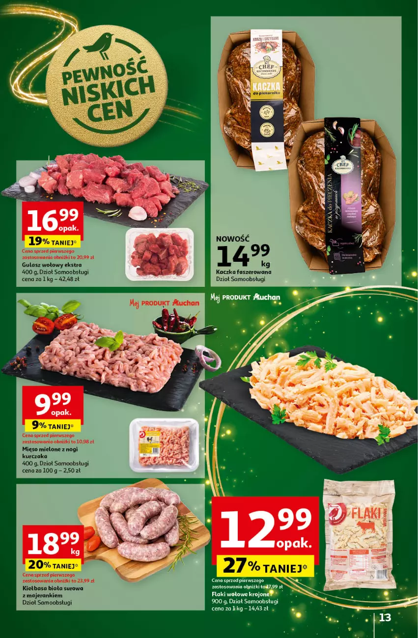 Gazetka promocyjna Auchan - Gazetka Pewność Niskich Cen Hipermarket Auchan - ważna 05.12 do 11.12.2024 - strona 15 - produkty: Fa, Flaki, Flaki wołowe, Gulasz wołowy, Kaczka, Kaczka faszerowana, Kiełbasa, Kiełbasa biała, Kurczak, Mięso, Mięso mielone