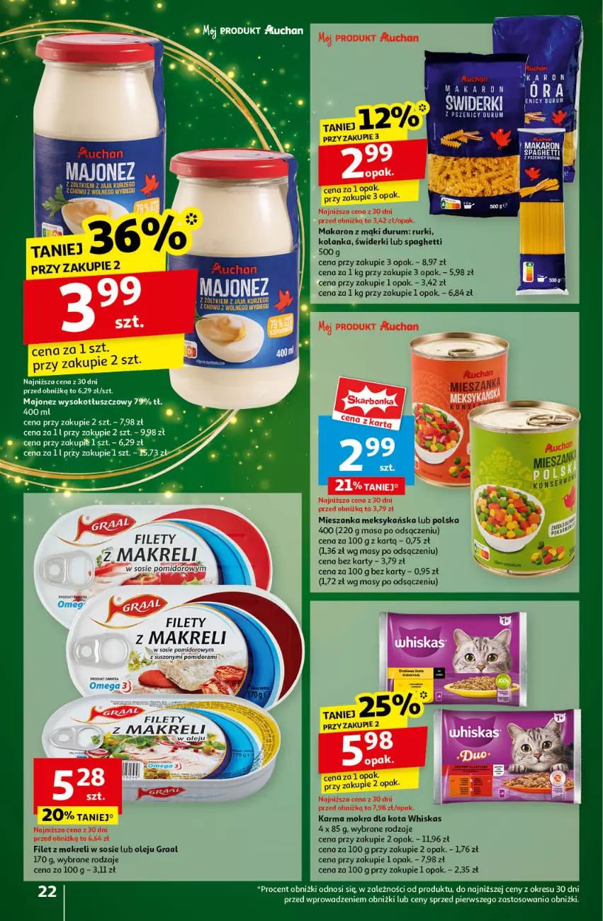 Gazetka promocyjna Auchan - Gazetka Pewność Niskich Cen Hipermarket Auchan - ważna 05.12 do 11.12.2024 - strona 24 - produkty: Filet z makreli, Gra, Graal, Makaron, Mieszanka meksykańska, Olej, Rum, Rurki, Sos, Spaghetti, Whiskas