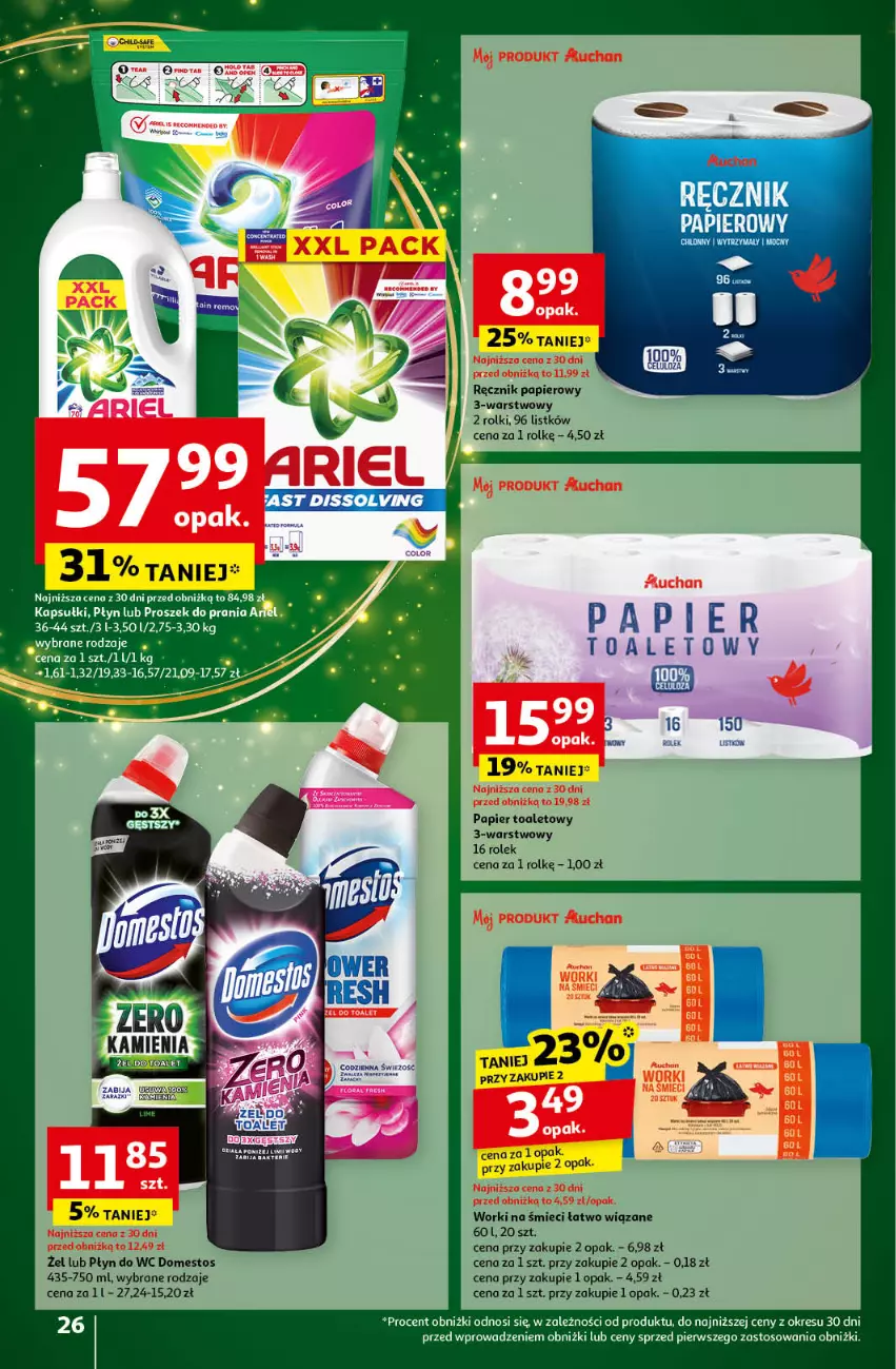 Gazetka promocyjna Auchan - Gazetka Pewność Niskich Cen Hipermarket Auchan - ważna 05.12 do 11.12.2024 - strona 28 - produkty: Ariel, Domestos, Papier, Papier toaletowy, Płyn do wc, Proszek do prania, Ręcznik, Rolki, Worki na śmiec, Worki na śmieci