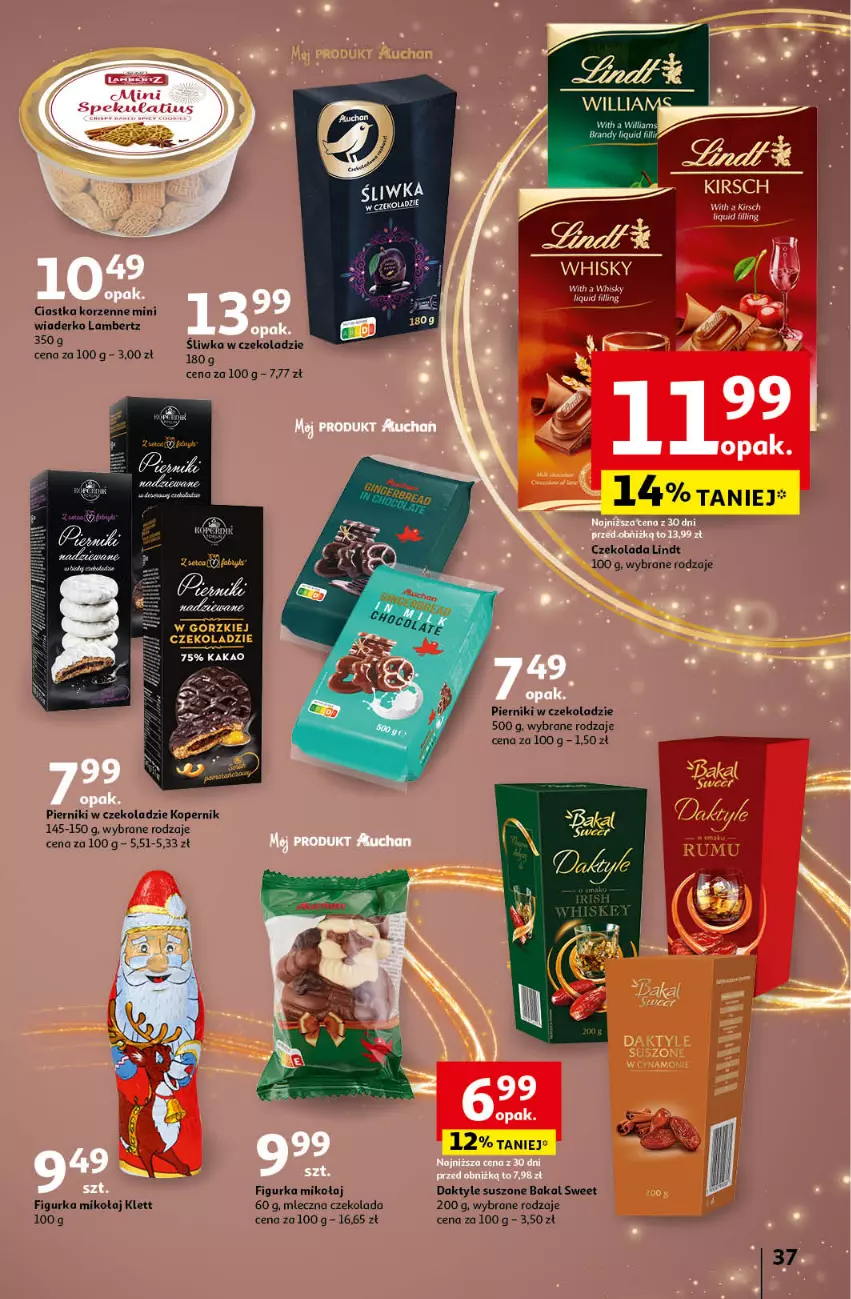 Gazetka promocyjna Auchan - Gazetka Pewność Niskich Cen Hipermarket Auchan - ważna 05.12 do 11.12.2024 - strona 43 - produkty: Ciastka, Czekolada, Daktyle, Kakao, Lindt, Piernik, Pierniki w czekoladzie