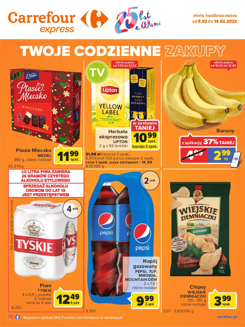 Gazetka promocyjna Carrefour - Gazetka Express - ważna 08.02 do 14.02.2022 - strona 2 - produkty: 7up, Banany, Chipsy, Gra, Herbata, Kosz, Lipton, Mirinda, Mleczko, Napój, Napój gazowany, Pepsi, Piwa, Piwo, Ptasie mleczko, Tyskie