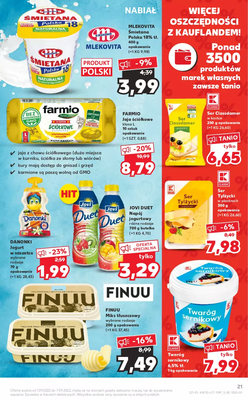 Gazetka promocyjna Kaufland - OFERTA TYGODNIA - ważna 01.09 do 07.09.2022 - strona 21 - produkty: Danonki, Fa, Finuu, Jaja, Jogurt, Karmi, Miks tłuszczowy, Mleko, Mlekovita, Napój, Napój jogurtowy, Ser, Ser tylżycki, Twaróg