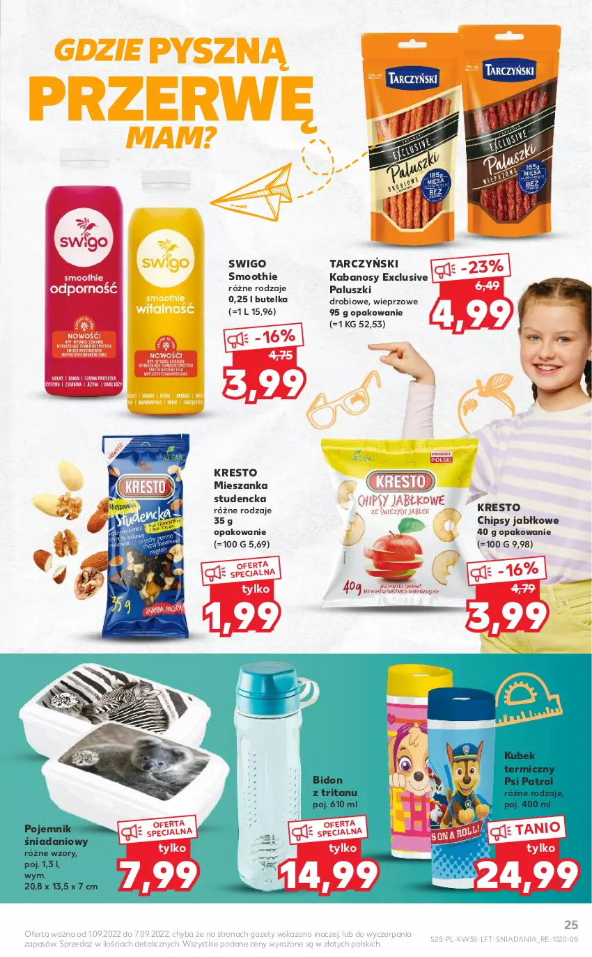 Gazetka promocyjna Kaufland - OFERTA TYGODNIA - ważna 01.09 do 07.09.2022 - strona 25 - produkty: Chipsy, Danio, Kabanos, Kubek, Kubek termiczny, Mieszanka studencka, Pojemnik, Psi Patrol, Smoothie, Tarczyński