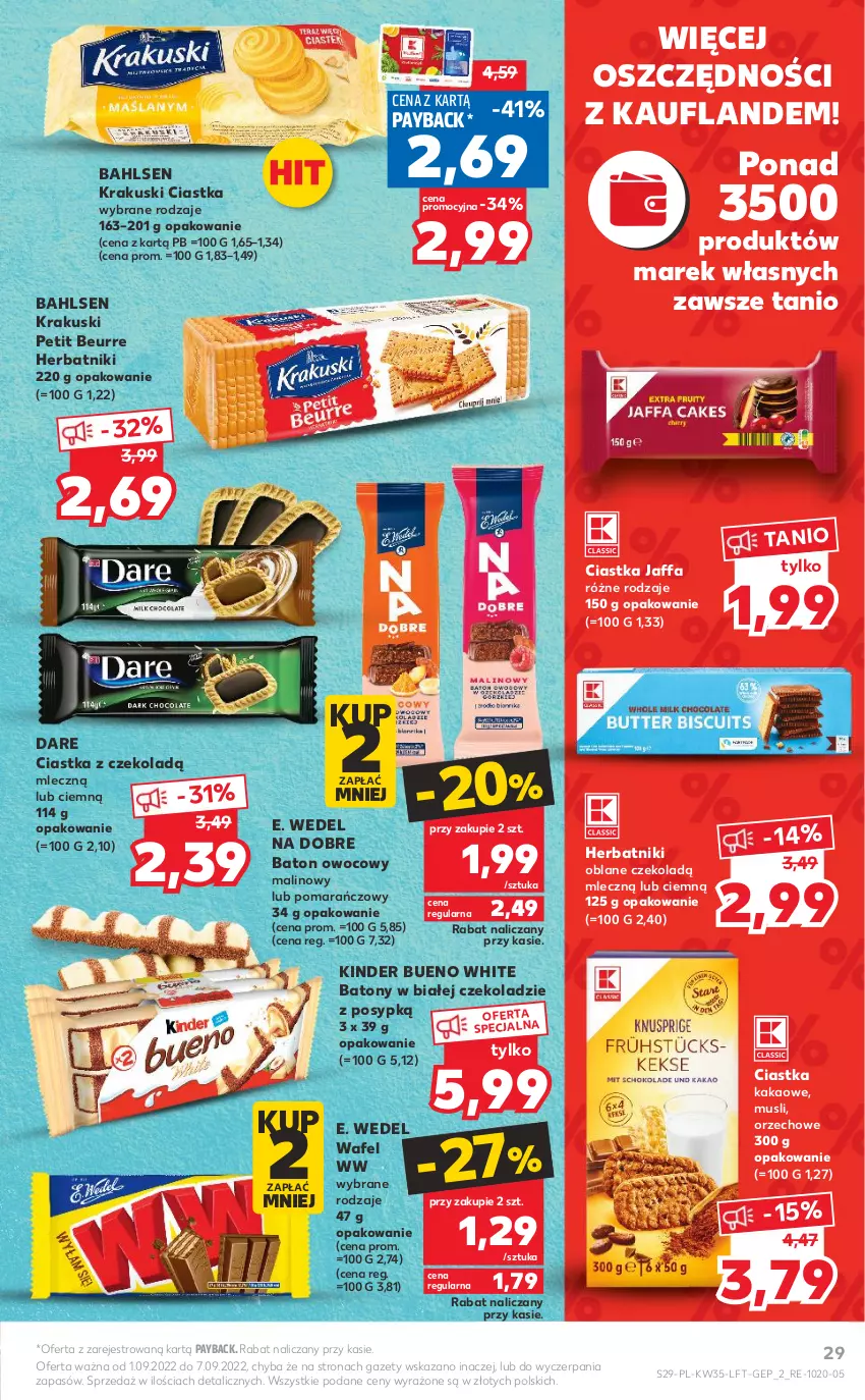 Gazetka promocyjna Kaufland - OFERTA TYGODNIA - ważna 01.09 do 07.09.2022 - strona 29 - produkty: Baton, Ciastka, E. Wedel, Fa, Herbatniki, Kakao, Kinder, Kinder Bueno, Krakus, Krakuski, Mus