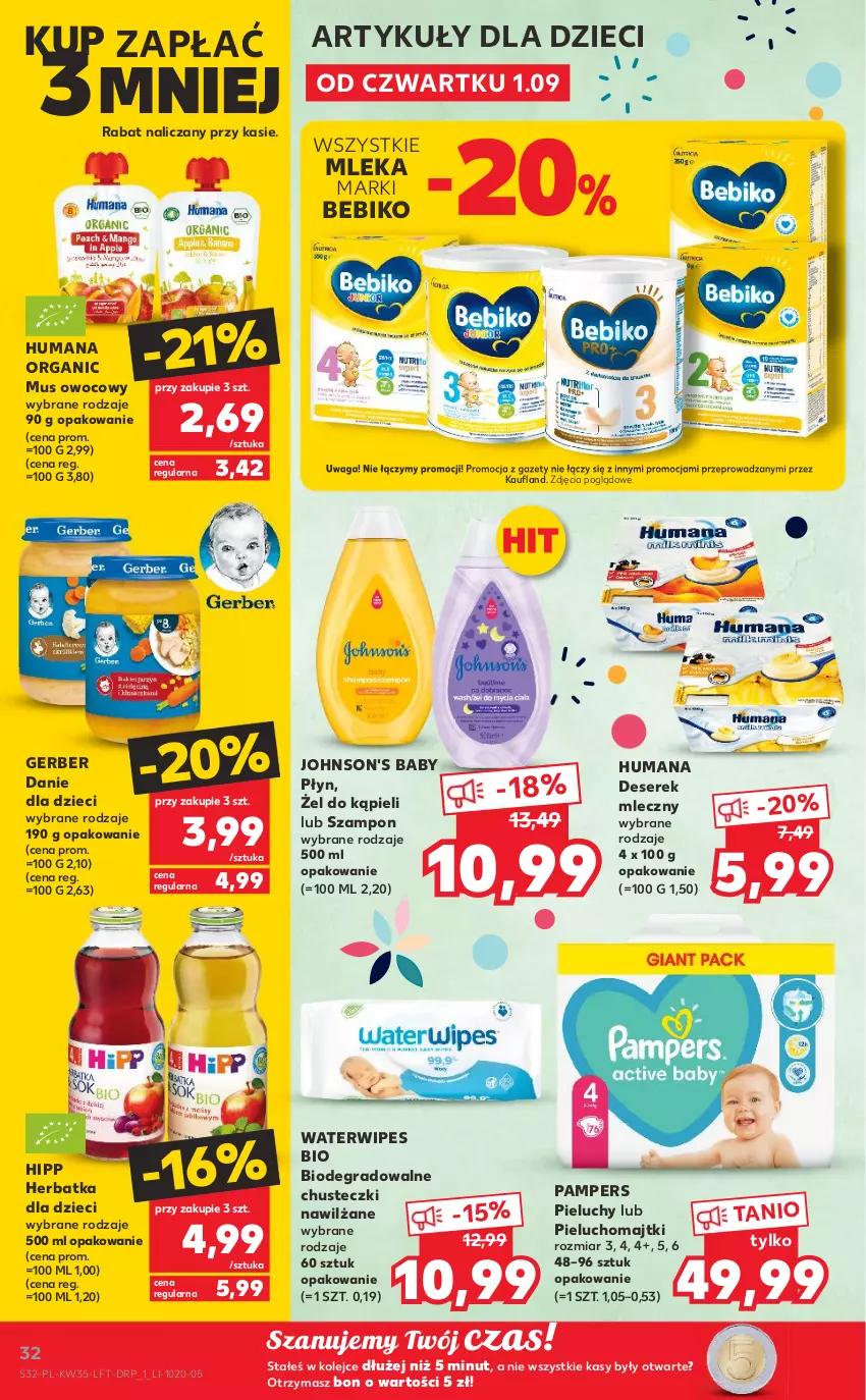 Gazetka promocyjna Kaufland - OFERTA TYGODNIA - ważna 01.09 do 07.09.2022 - strona 32 - produkty: Bebiko, Chusteczki, Danie dla dzieci, Deser, Dzieci, Gerber, Gra, HiPP, Humana, Johnson's, Johnson's Baby, Majtki, Mus, Olej, Pampers, Pieluchomajtki, Pieluchy, Ser, Serek, Szampon, Waga