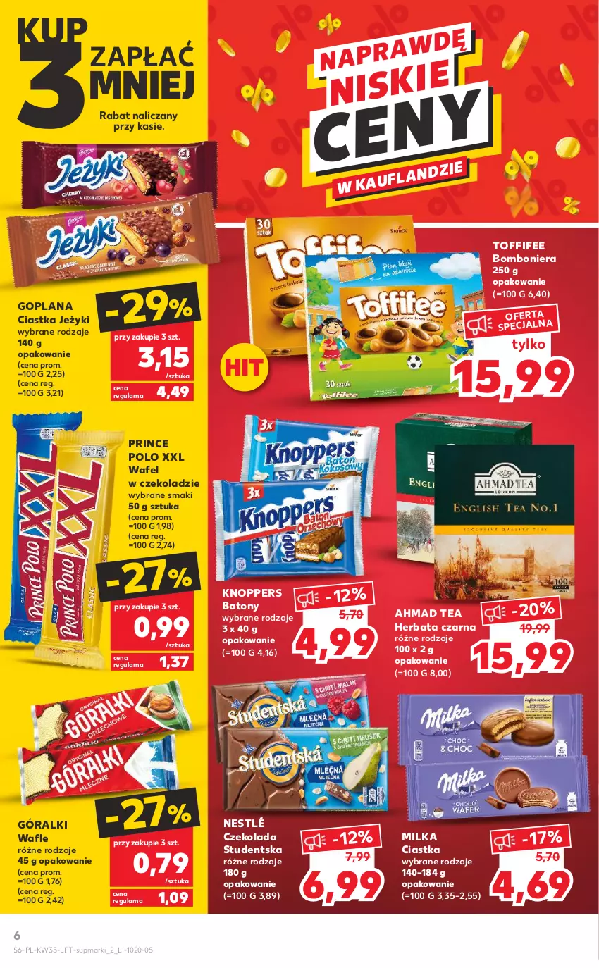 Gazetka promocyjna Kaufland - OFERTA TYGODNIA - ważna 01.09 do 07.09.2022 - strona 6 - produkty: Baton, Bomboniera, Ciastka, Czekolada, Goplana, Góralki, Herbata, Herbata czarna, Jeżyki, Knoppers, LANA, Milka, Nestlé, Prince Polo, Toffifee, Wafle