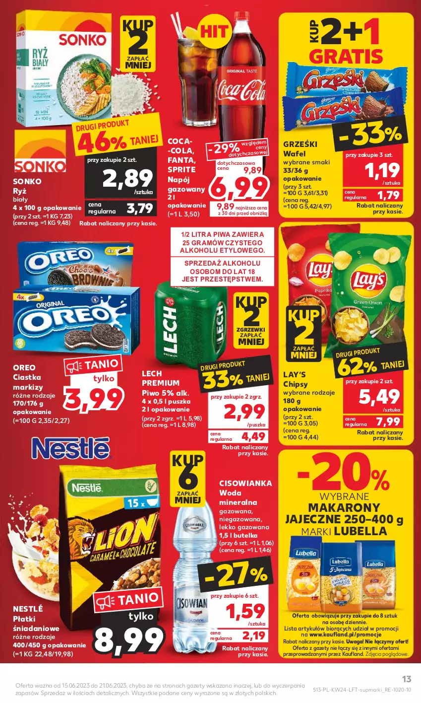 Gazetka promocyjna Kaufland - Gazetka tygodnia - ważna 15.06 do 21.06.2023 - strona 13 - produkty: Bell, Bella, Chipsy, Ciastka, Cisowianka, Coca-Cola, Danio, Fa, Fanta, Gra, Grześki, Lech Premium, Lubella, Makaron, Napój, Napój gazowany, Nestlé, Oreo, Piwa, Piwo, Ryż, Sonko, Sprite, Waga, Woda, Woda mineralna