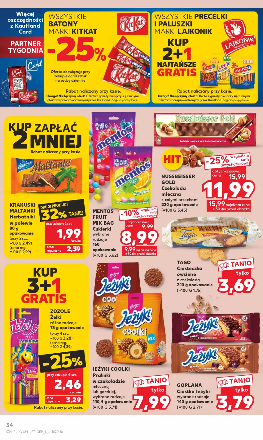 Gazetka promocyjna Kaufland - Gazetka tygodnia - ważna 15.06 do 21.06.2023 - strona 34 - produkty: Baton, Ciastka, Cukier, Cukierki, Czekolada, Czekolada mleczna, Goplana, Gra, Herbatniki, Jeżyki, Krakus, Krakuski, Lajkonik, LANA, Mentos, Precelki, Ser, Tago, Waga