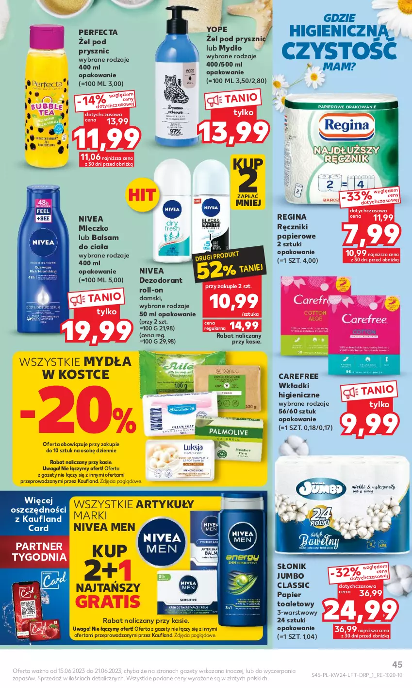 Gazetka promocyjna Kaufland - Gazetka tygodnia - ważna 15.06 do 21.06.2023 - strona 45 - produkty: Balsam do ciała, Carefree, Dezodorant, Gin, Gra, Mleczko, Mydło, Nivea, Nivea Men, Papier, Papier toaletowy, Perfecta, Ręcznik, Ręczniki papierowe, Waga, Wkładki, Yope