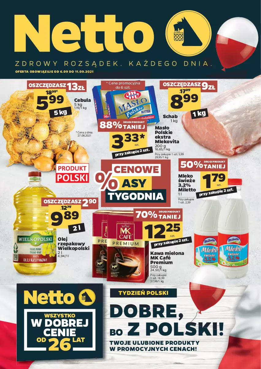 Gazetka promocyjna Netto - Gazetka spożywcza - ważna 06.09 do 11.09.2021 - strona 1 - produkty: Cebula, Kawa, Kawa mielona, Masło, Mleko, Mlekovita, Olej, Olej rzepakowy