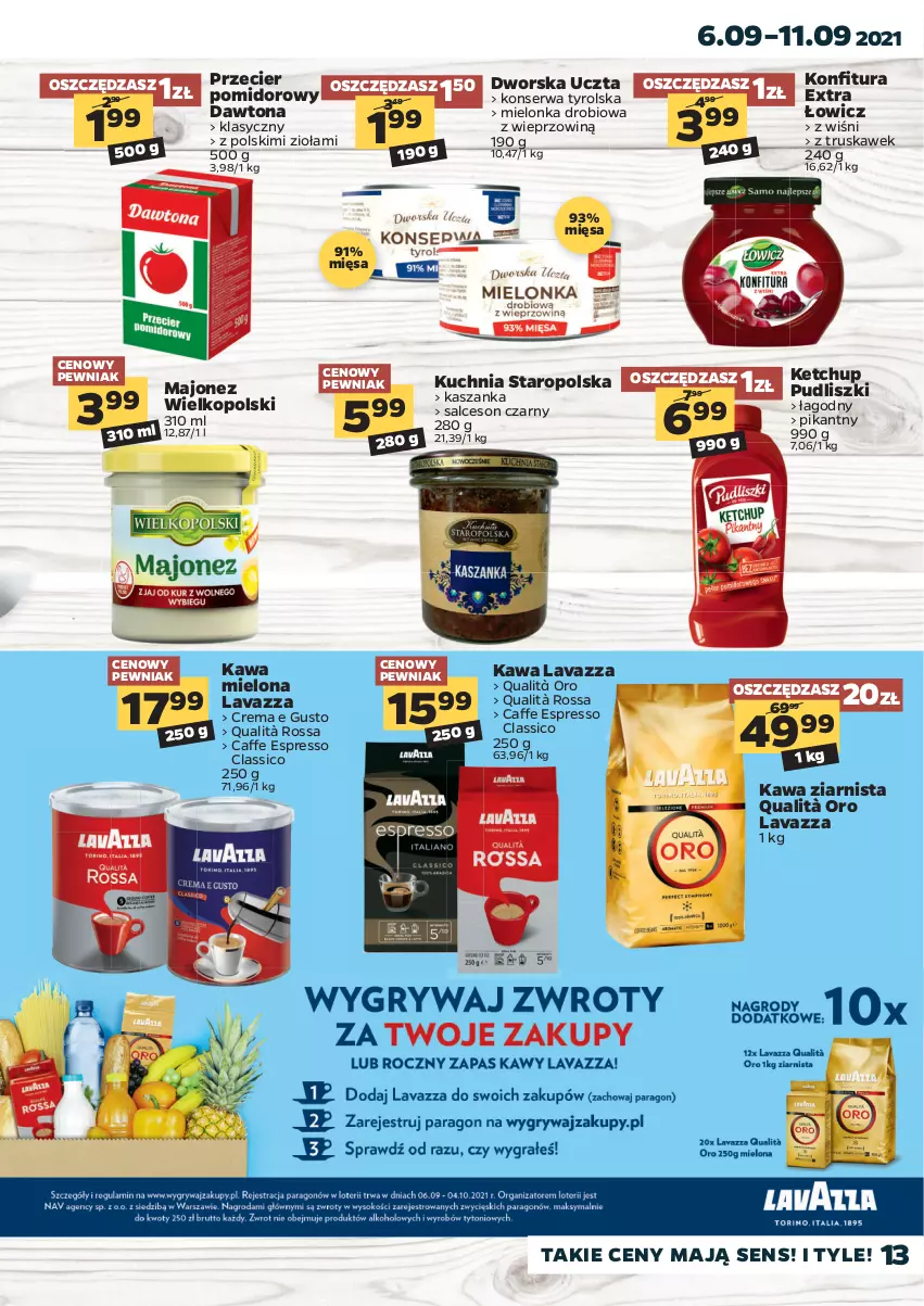 Gazetka promocyjna Netto - Gazetka spożywcza - ważna 06.09 do 11.09.2021 - strona 13 - produkty: Dawtona, Kasza, Kaszanka, Kawa, Kawa mielona, Kawa ziarnista, Ketchup, Kuchnia, Kuchnia Staropolska, Lavazza, Majonez, Pudliszki, Salceson, Ser