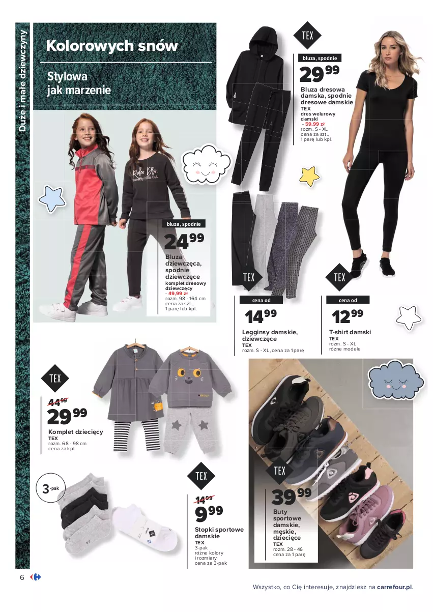 Gazetka promocyjna Carrefour - Gazetka Kolorowych snów - ważna 26.10 do 07.11.2021 - strona 6 - produkty: Bluza, Bluza dresowa, Buty, Dres, Dzieci, Gin, Legginsy, Por, Spodnie, Spodnie dresowe, Sport, Stopki sportowe, T-shirt, Top