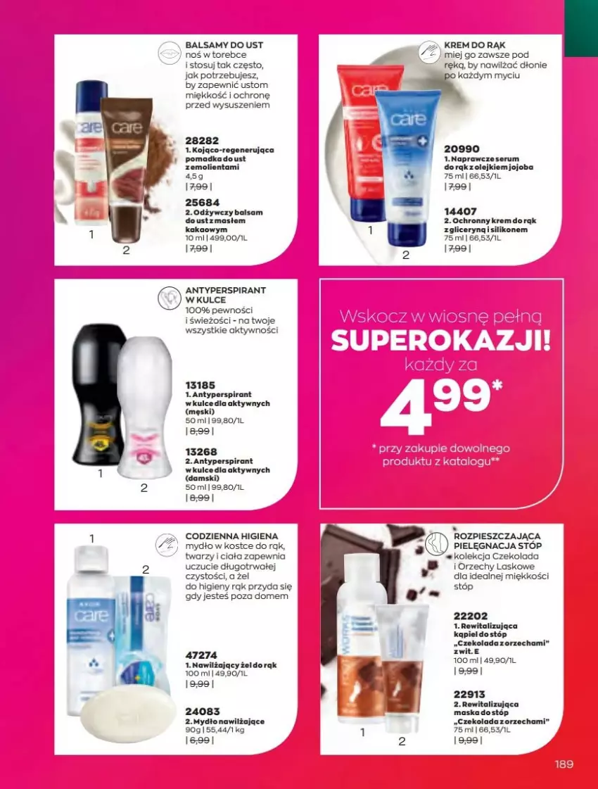 Gazetka promocyjna Avon - Katalog Avon 4/2022 kampania kwiecień - ważna 01.04 do 30.04.2022 - strona 189 - produkty: Antyperspirant, Balsam do ust, Czekolada, Kakao, Krem do rąk, Maska, Mydło, Ochronny krem, Olej, Rum, Ser, Serum, Serum do rąk, Top