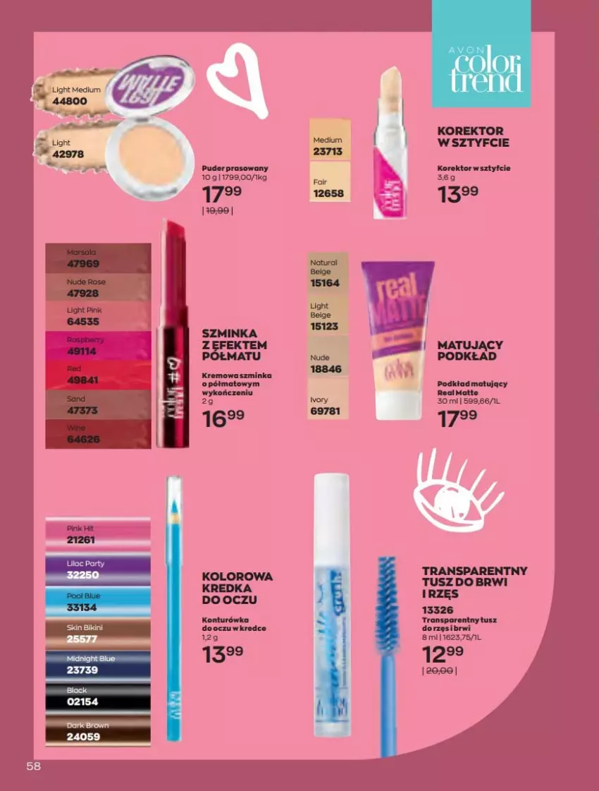 Gazetka promocyjna Avon - Katalog Avon 4/2022 kampania kwiecień - ważna 01.04 do 30.04.2022 - strona 58 - produkty: Inka, Konturówka do oczu, Podkład, Podkład matujący, Puder, Puder prasowany, Szminka, Tran, Tusz