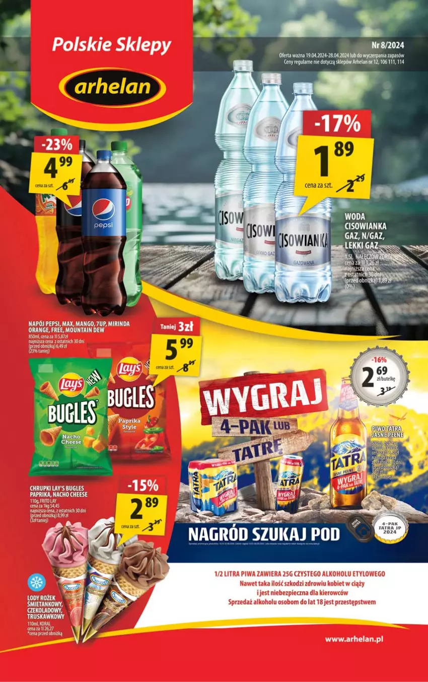 Gazetka promocyjna Arhelan - Gazetka - ważna 19.04 do 28.04.2024 - strona 1 - produkty: 7up, AEG, Fa, Mango, Mirinda, Napój, Pepsi, Piec, Piwa, Por, Tatra, Woda