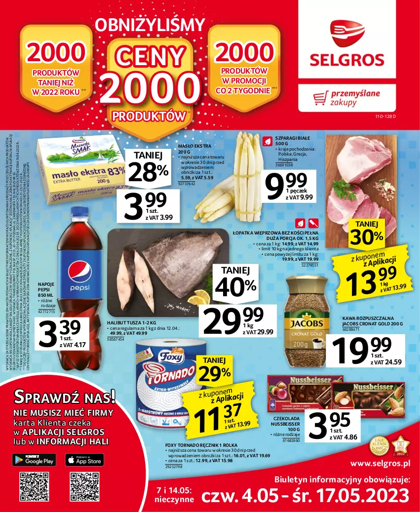 Gazetka promocyjna Selgros - Oferta spożywcza - ważna 04.05 do 17.05.2023 - strona 1 - produkty: Czekolada, Fa, Foxy, Halibut, Jacobs, Kawa, Kawa rozpuszczalna, LG, Masło, Mus, Napoje, Pepsi, Por, Ręcznik, Ser, Tran, Tusz