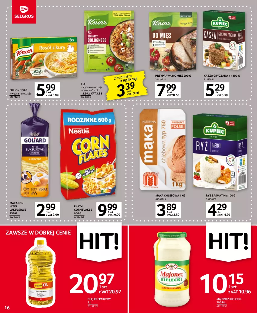 Gazetka promocyjna Selgros - Oferta spożywcza - ważna 04.05 do 17.05.2023 - strona 16 - produkty: Bulion, Chleb, Corn flakes, Gry, Kasza, Kasza gryczana, Lion, Majonez, Mąka, Makaron, Olej, Olej rzepakowy, Ryż, Ryż basmati