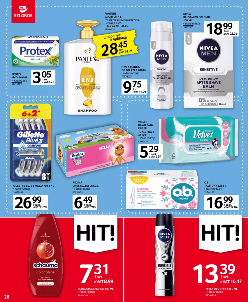 Gazetka promocyjna Selgros - Oferta spożywcza - ważna 04.05 do 17.05.2023 - strona 28 - produkty: Balsam po goleniu, Chusteczki, Gillette, Gin, Mydło, Nawilżany papier, Nivea, O.B., Odżywka, Pantene, Papier, Papier toaletowy, Pianka do golenia, Schauma, Szampon, Tampony, Velvet