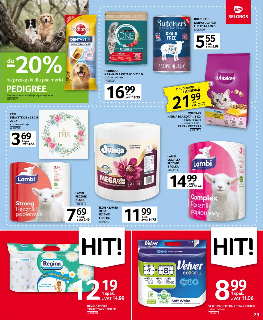 Gazetka promocyjna Selgros - Oferta spożywcza - ważna 04.05 do 17.05.2023 - strona 29 - produkty: Gin, Papier, Papier toaletowy, Pedigree, Przekąski dla psa, Pur, Purina, Ręcznik, Rolki, Ser, Serwetki, Whiskas