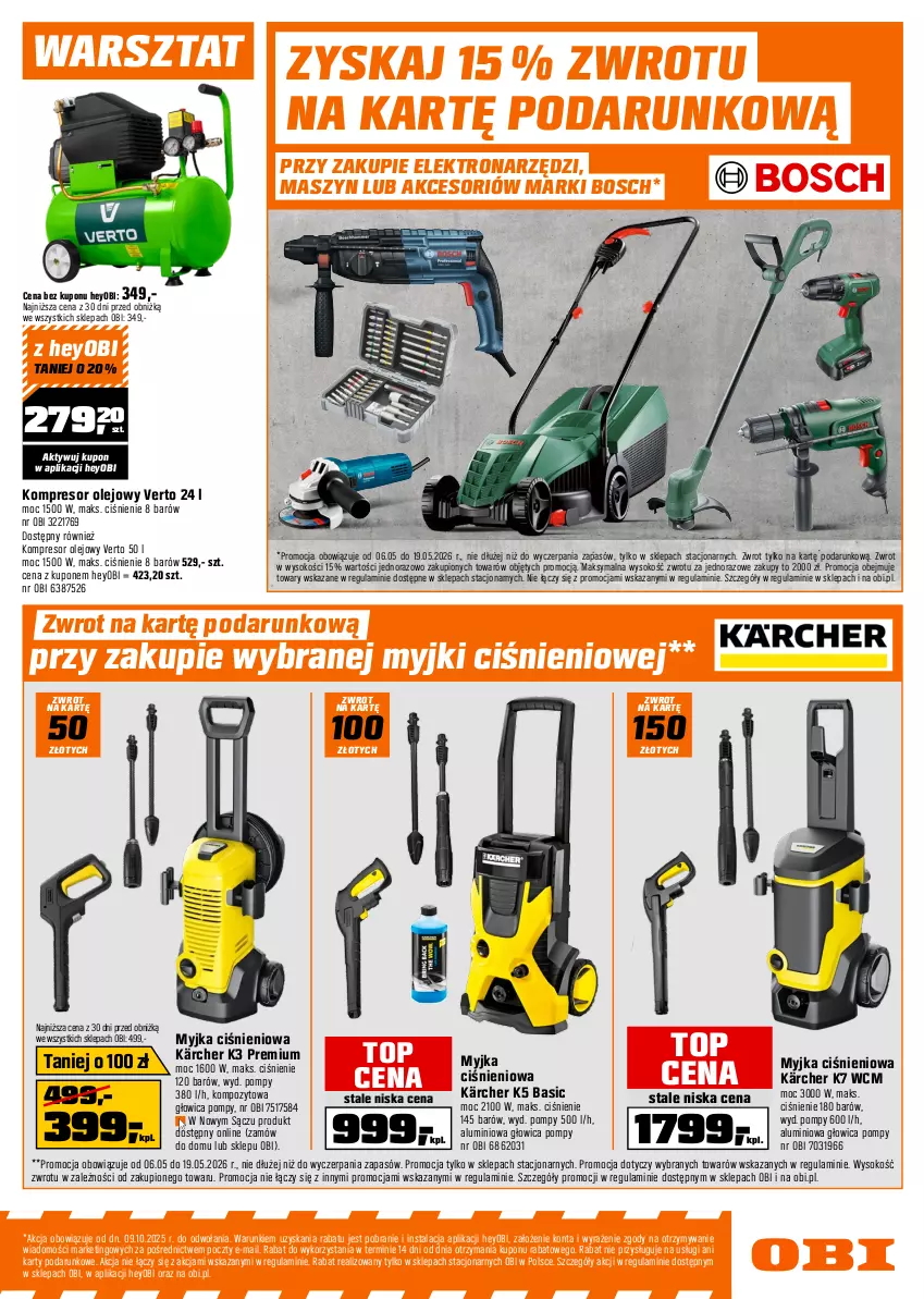 Gazetka promocyjna Obi - Gazetka OBI - ważna 06.05 do 19.05.2026 - strona 7 - produkty: Bosch, Kärcher, Kompresor, Kompresor olejowy, Kosiarka, Kosz, Myjka ciśnieniowa, Olej, Sok, Tarcza tnąca, Top