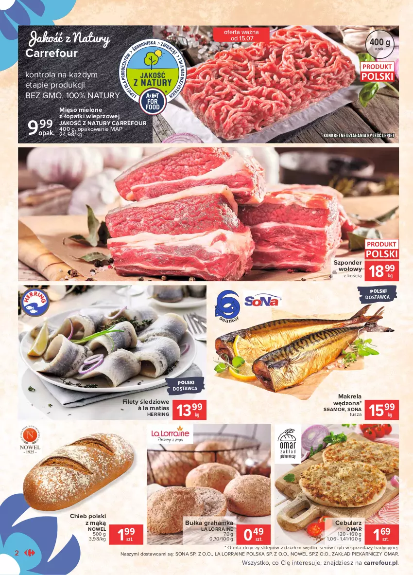 Gazetka promocyjna Carrefour - Gazetka  Znane, lubiane i z POLSKI - ważna 12.07 do 19.07.2021 - strona 2 - produkty: Bułka, Bułka grahamka, Cebula, Chleb, Gra, Mięso, Mięso mielone, Mięso mielone z łopatki wieprzowej, Ser, Szponder wołowy, Tusz