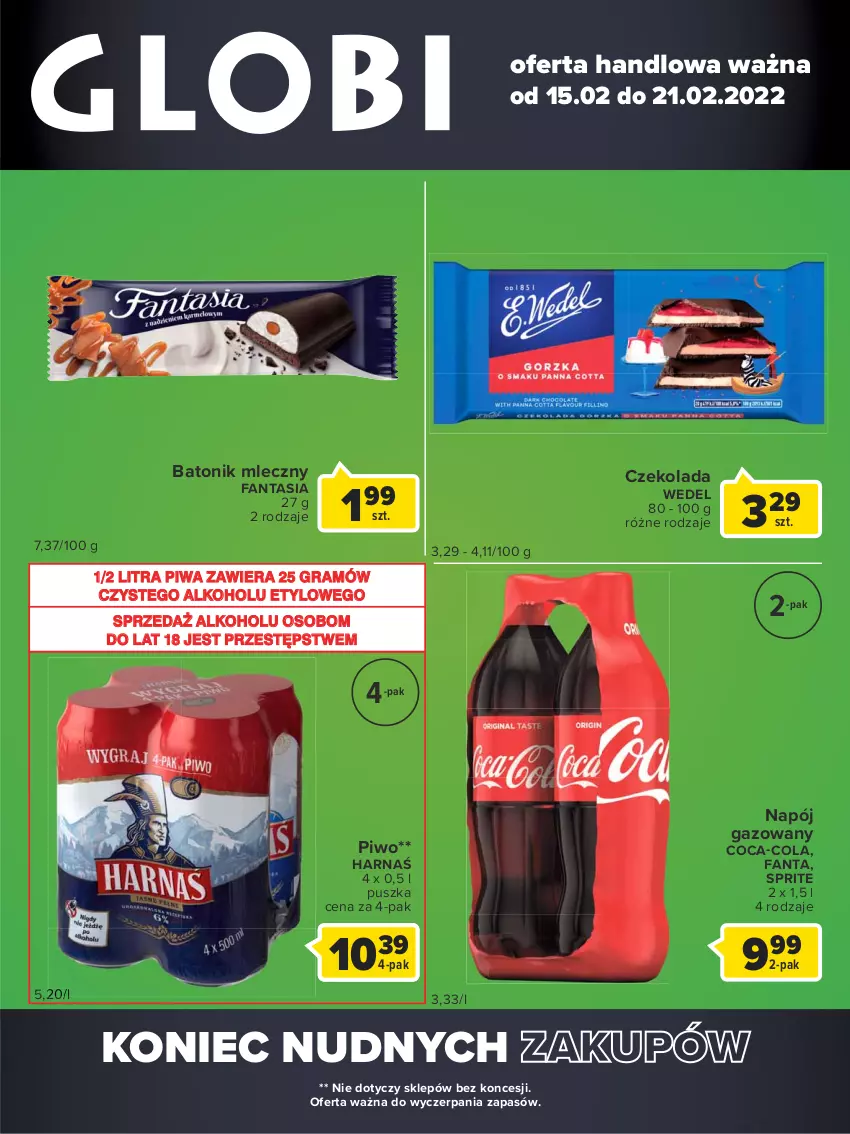 Gazetka promocyjna Carrefour - Gazetka Globi - ważna 15.02 do 21.02.2022 - strona 2 - produkty: Baton, Coca-Cola, Czekolada, Fa, Fanta, Gra, Harnaś, Napój, Napój gazowany, Piwa, Piwo, Sprite, Tonik