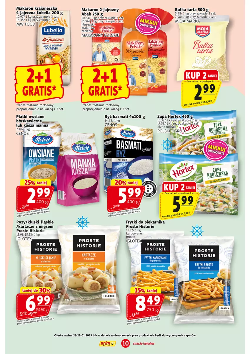 Gazetka promocyjna Prim Market - ważna 23.01 do 29.01.2025 - strona 10 - produkty: Bell, Bella, Bułka, Bułka tarta, Cenos, Frytki, Hortex, Jaja, Kasza, Lubella, Makaron, Ogród, Piekarnik, Płatki owsiane, Por, Ryż, Ryż basmati, Tarta, Zupa