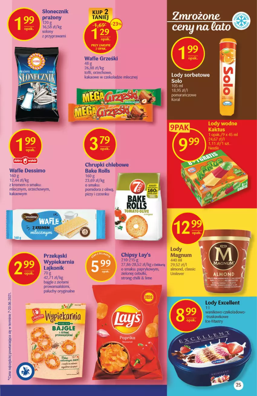 Gazetka promocyjna Delikatesy Centrum - Gazetka Delikatesy Centrum - ważna 12.08 do 18.08.2021 - strona 25 - produkty: Bajgle, Bake Rolls, Chipsy, Chleb, Chrupki, Chrupki chlebowe, Gin, Grześki, Kakao, Lajkonik, Lody, Słonecznik prażony, Wafle