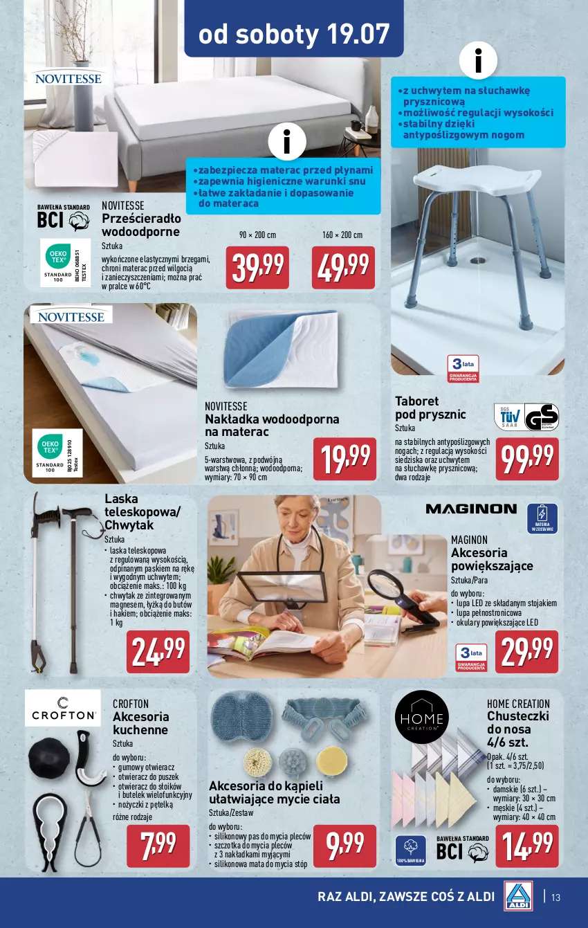 Gazetka promocyjna Aldi - Artykuły przemysłowe i tekstylia - ważna 16.07 do 19.07.2025 - strona 13 - produkty: Bateria, Chusteczki, Gin, LG, Materac, Noż, Nożyczki, Otwieracz, Piec, Por, Prześcieradło, Sok, Stojak, Szczotka, Taboret, Teleskop, Tera, Wełna