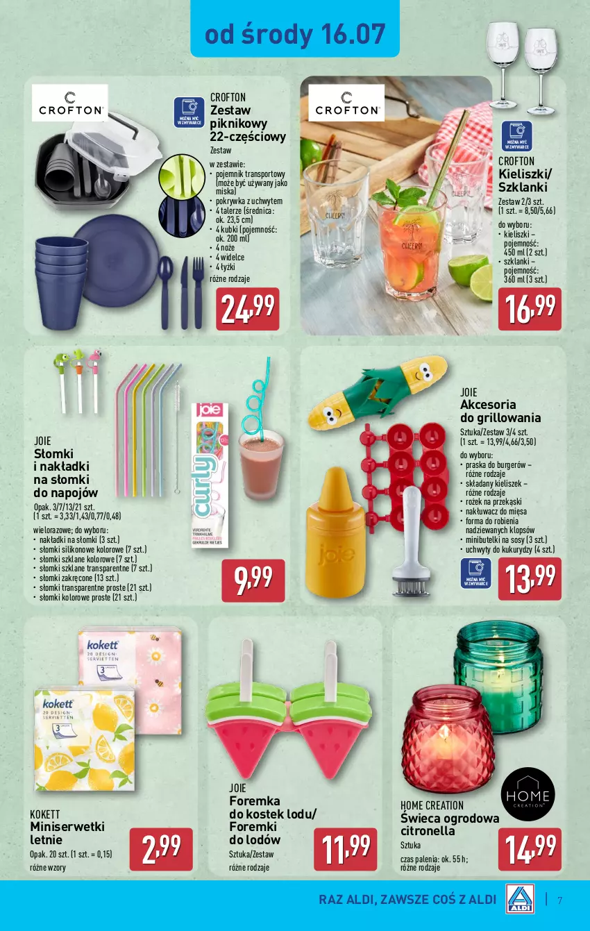 Gazetka promocyjna Aldi - Artykuły przemysłowe i tekstylia - ważna 16.07 do 19.07.2025 - strona 7 - produkty: Burger, Foremki, Grill, Kieliszek, Lanki, Miska, Noż, Pojemnik, Por, Praska, Ser, Serwetki, Słomki do napojów, Sos, Sport, Stek, Talerz, Tran, Uchwyty