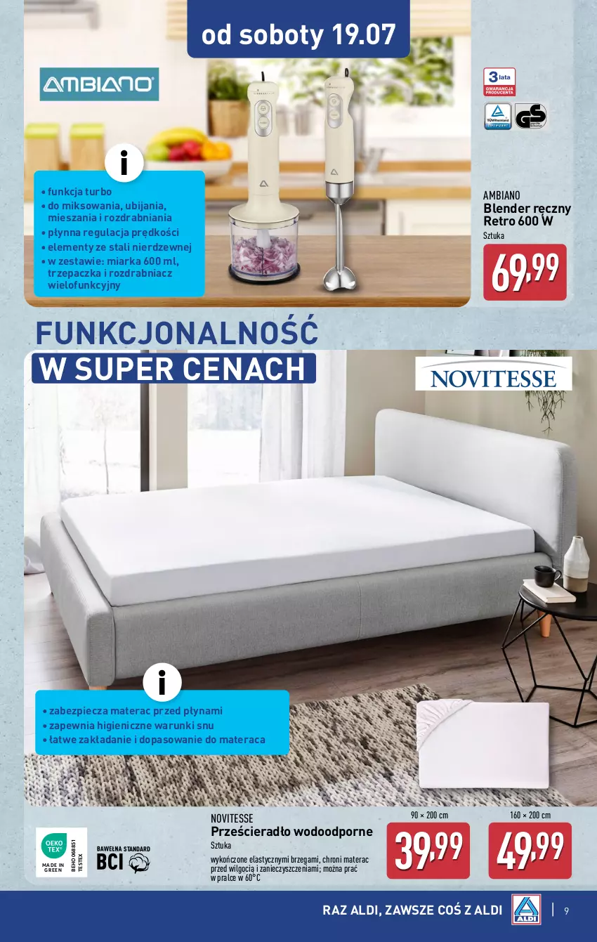 Gazetka promocyjna Aldi - Artykuły przemysłowe i tekstylia - ważna 16.07 do 19.07.2025 - strona 9 - produkty: Blender, Blender ręczny, LG, Materac, Miarka, Piec, Por, Prześcieradło, Rozdrabniacz, Tera, Trzepaczka