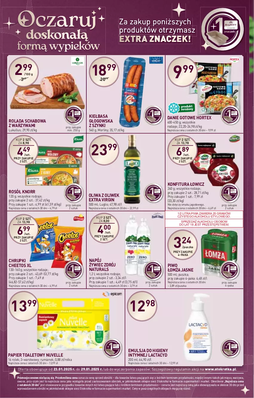 Gazetka promocyjna Stokrotka - Supermarket - ważna 23.01 do 29.01.2025 - strona 10 - produkty: Cheetos, Chrupki, Danie gotowe, Emulsja, Gin, Gra, Hortex, HP, Kiełbasa, Kiełbasa głogowska, Knorr, Konfitura, Lactacyd, Morliny, Napój, Oliwa z oliwek, Papier, Papier toaletowy, Piwa, Piwo, Rolada, Rosół, Rum, Warzywa