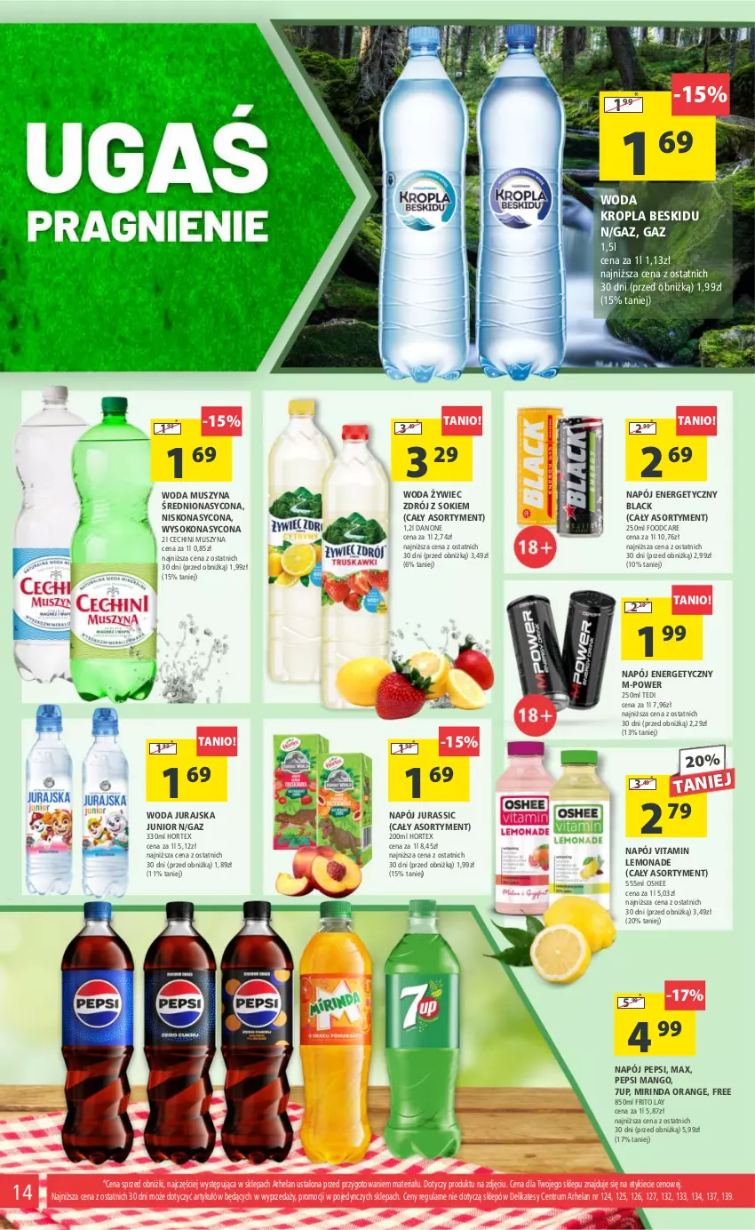 Gazetka promocyjna Arhelan - Gazetka - ważna 23.02 do 03.03.2024 - strona 14 - produkty: 7up, Danone, Hortex, Lack, Mango, Mirinda, Mus, Napój, Napój energetyczny, Oshee, Pepsi, Rum, Sok, Szyna, Woda