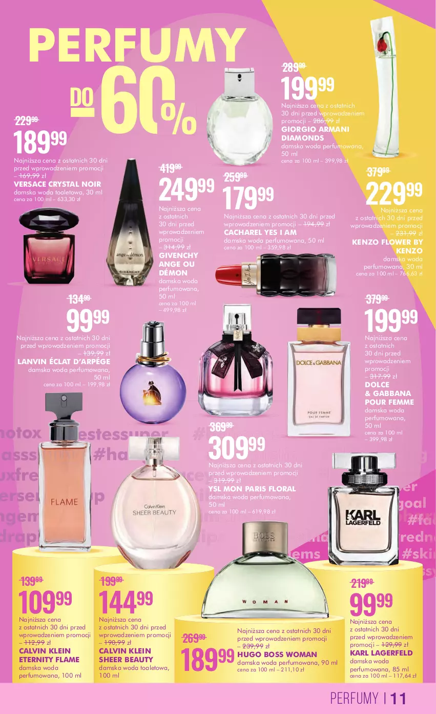 Gazetka promocyjna Super Pharm - Gazetka - ważna 31.08 do 13.09.2023 - strona 11 - produkty: Cacharel, Calvin Klein, Flora, Giorgio Armani, Givenchy, Hugo Boss, Karl Lagerfeld, Kenzo, Lanvin, Perfum, Versace, Woda, Woda perfumowana, Woda toaletowa