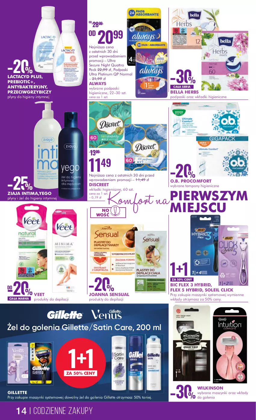 Gazetka promocyjna Super Pharm - Gazetka - ważna 31.08 do 13.09.2023 - strona 14 - produkty: Always, Bell, Bella, BIC, Discreet, Gillette, Joanna, Lactacyd, O.B., Podpaski, Sati, Sensual, Ser, Tampony, Veet, Wkładki, Ziaja