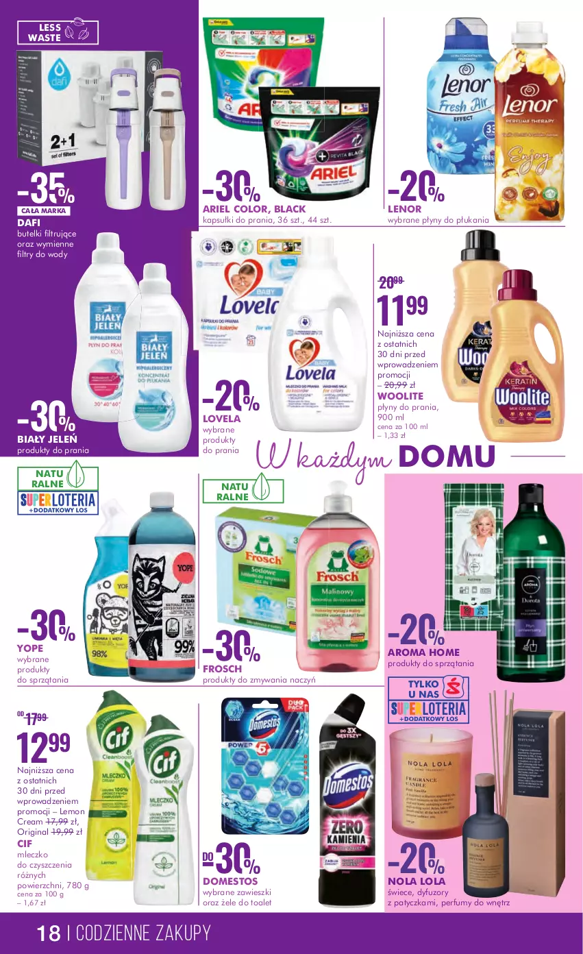 Gazetka promocyjna Super Pharm - Gazetka - ważna 31.08 do 13.09.2023 - strona 18 - produkty: Ariel, Biały Jeleń, Cif, Domestos, Frosch, Gin, Kapsułki do prania, Lack, Lenor, Lovela, Mleczko, Perfum, Woolite, Yope, Zawieszki