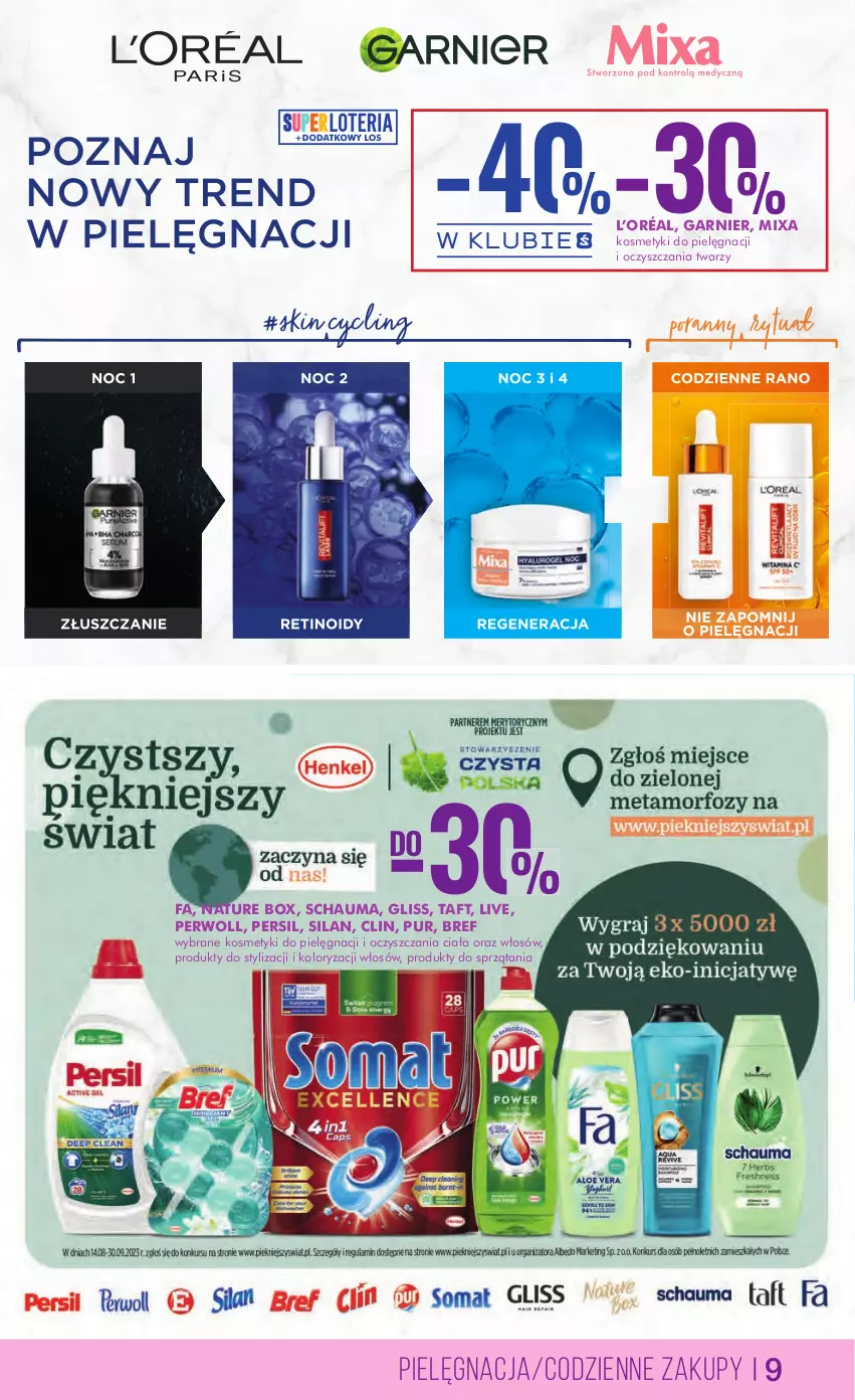 Gazetka promocyjna Super Pharm - Gazetka - ważna 31.08 do 13.09.2023 - strona 9 - produkty: Bref, Clin, Fa, Garnier, L’Oréal, Mixa, Nature Box, Persil, Perwoll, Pur, Schauma, Silan, Taft