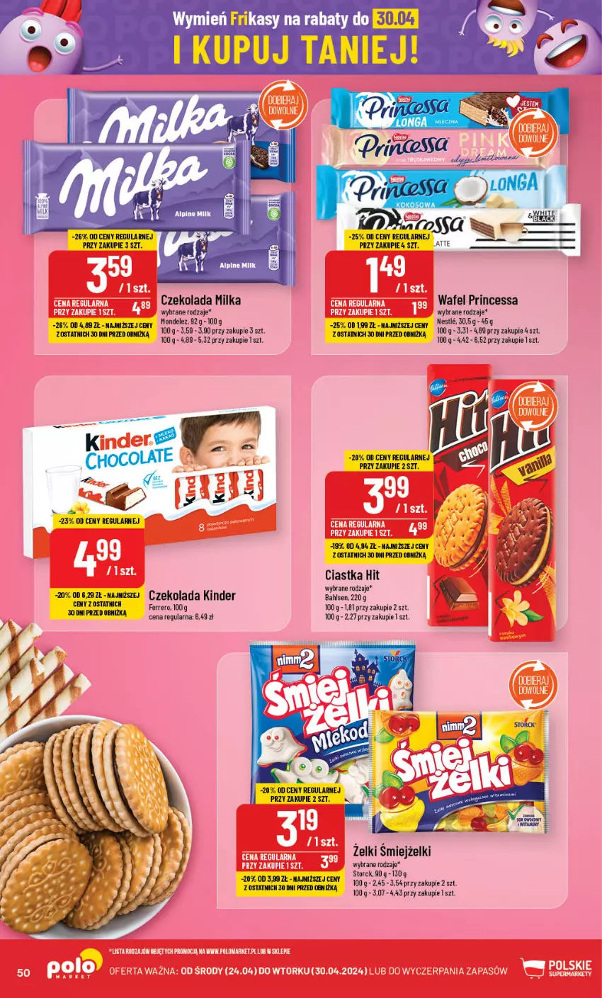 Gazetka promocyjna PoloMarket - Gazetka pomocyjna - ważna 24.04 do 30.04.2024 - strona 50 - produkty: Ciastka, Czekolada, Ferrero, Kinder, Milka, Princessa