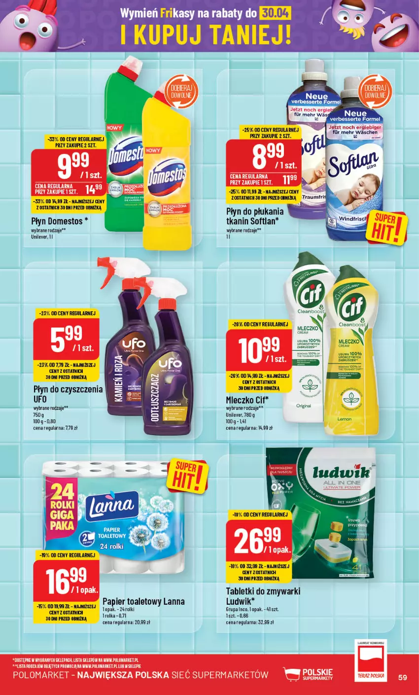 Gazetka promocyjna PoloMarket - Gazetka pomocyjna - ważna 24.04 do 30.04.2024 - strona 59 - produkty: Cif, Domestos, Ludwik, Mleczko, Papier, Papier toaletowy, Płyn do płukania, Por, Rolki, Tablet, Tabletki do zmywarki, Zmywarki