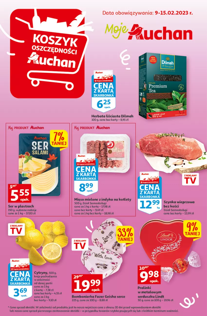 Gazetka promocyjna Auchan - Gazetka Koszyk Oszczędności Moje Auchan - ważna 09.02 do 15.02.2023 - strona 1 - produkty: Cytryny, Dilmah, Fa, Kotlet, Lindt, Mięso, Mięso mielone, O nas, Ser, Szynka, Szynka wieprzowa