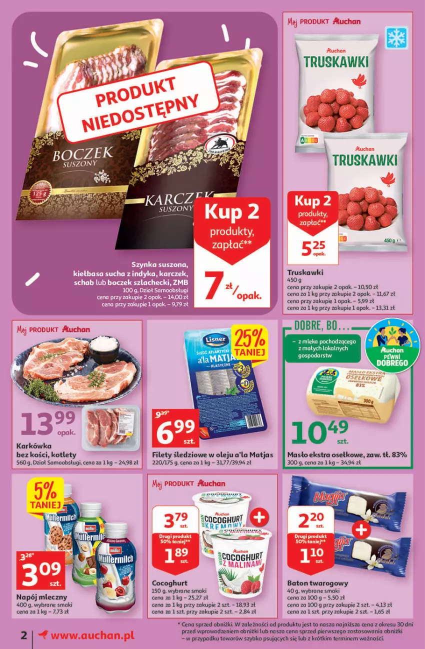 Gazetka promocyjna Auchan - Gazetka Koszyk Oszczędności Moje Auchan - ważna 09.02 do 15.02.2023 - strona 2 - produkty: Baton, Kotlet, Masło, Matjas, Napój, Napój mleczny, O nas, Olej, Truskawki