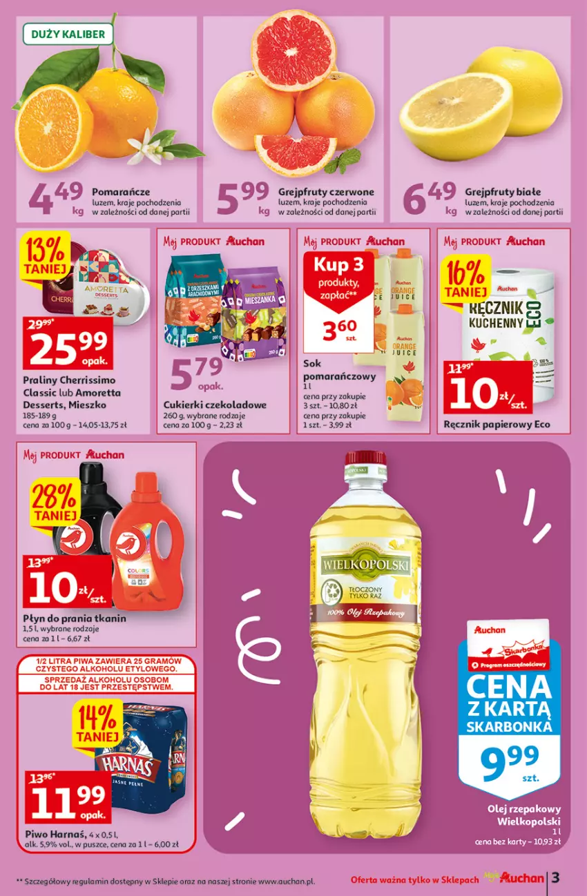 Gazetka promocyjna Auchan - Gazetka Koszyk Oszczędności Moje Auchan - ważna 09.02 do 15.02.2023 - strona 3 - produkty: Cukier, Cukierki, Cukierki czekoladowe, Grejpfrut, Harnaś, Papier, Piwo, Płyn do prania, Pomarańcze, Praliny, Ręcznik, Ser, Sok