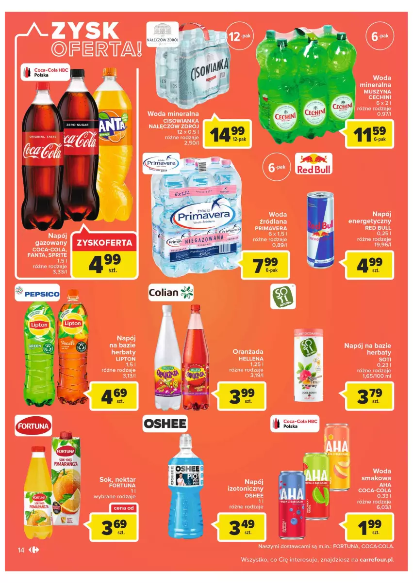 Gazetka promocyjna Carrefour - Gazetka Carrefour - ważna 01.03 do 12.03.2022 - strona 14 - produkty: Cisowianka, Coca-Cola, Fa, Fanta, Fortuna, Gin, Hellena, LANA, Lipton, Napój, Napój gazowany, Oranżada, Prima, Primavera, Red Bull, Sprite, Woda, Woda mineralna